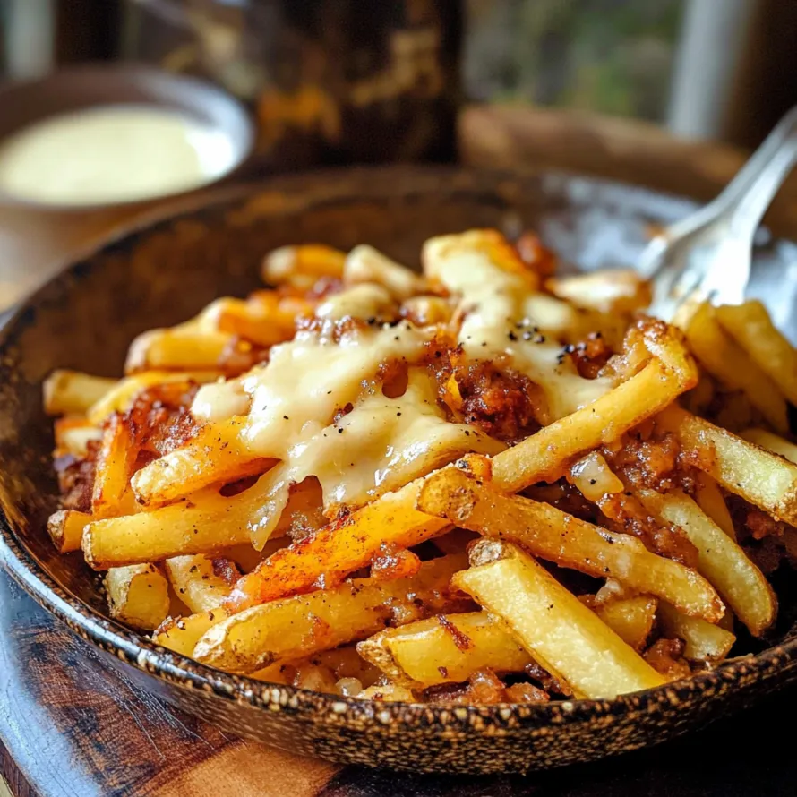 A plate of fries loaded with cheese and toppings.