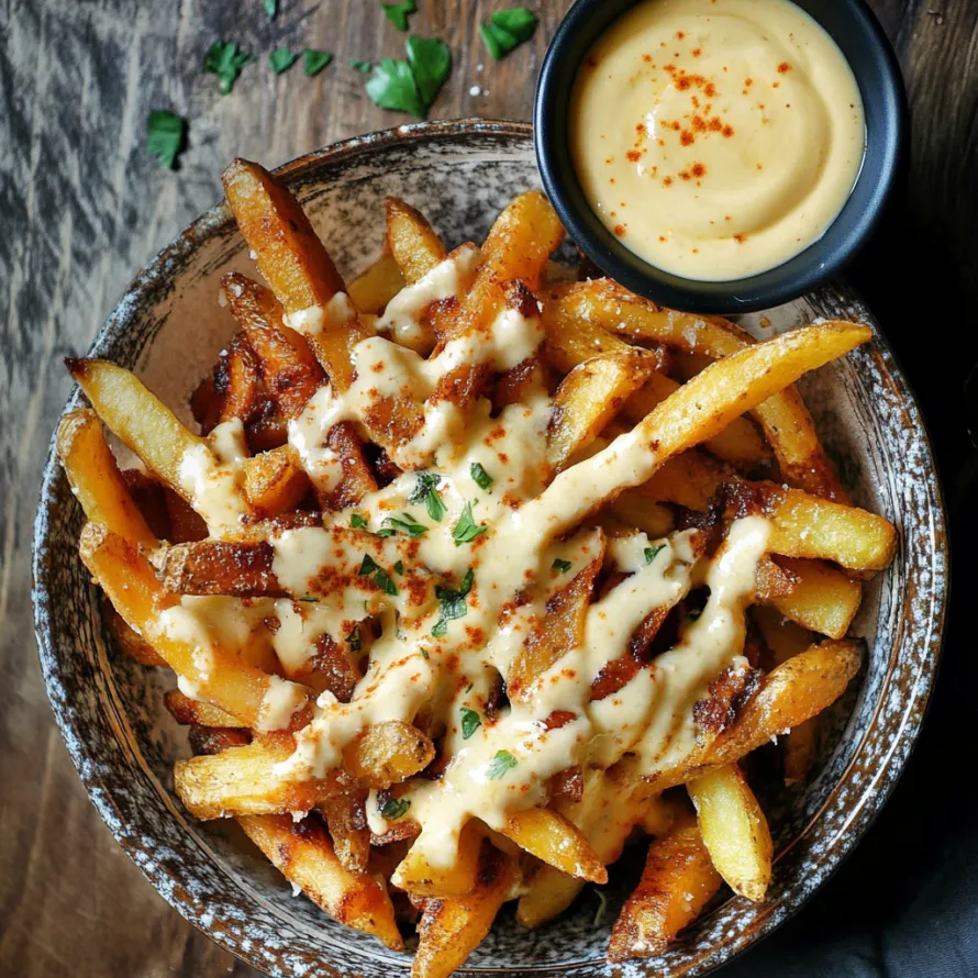 A bowl of fries with cheese and sauce.