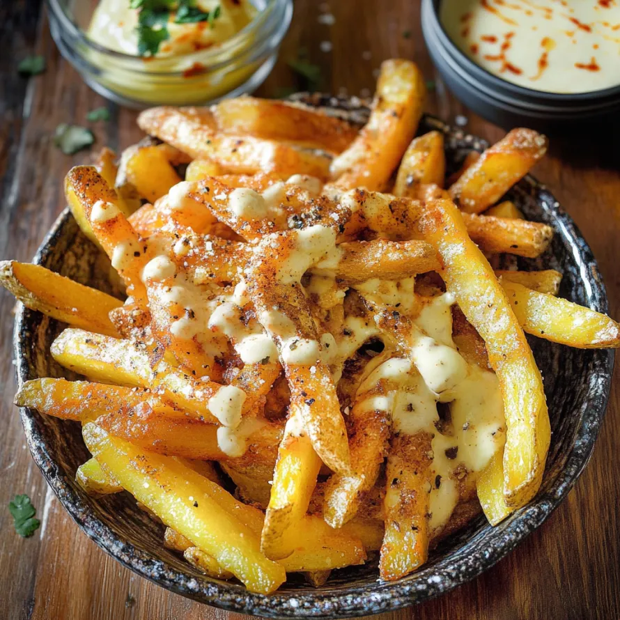 A bowl of fries with cheese and spices.