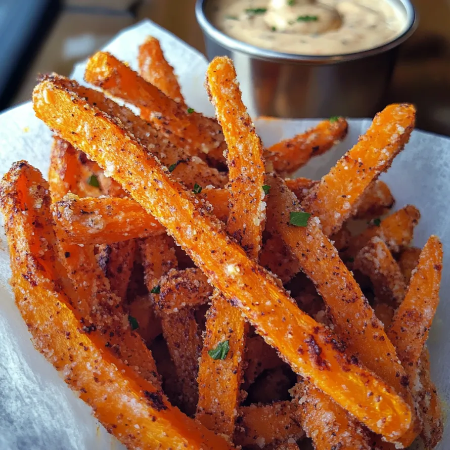 A bowl of roasted carrots with creamy dip.