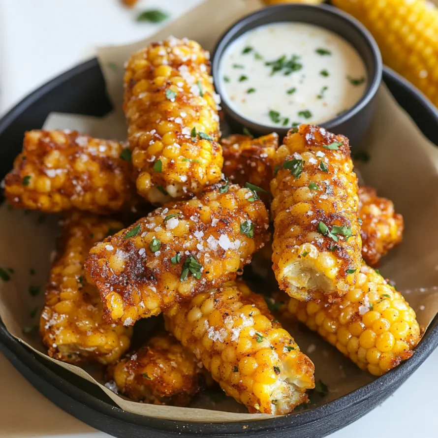A bowl of golden corn pieces with a creamy dip.
