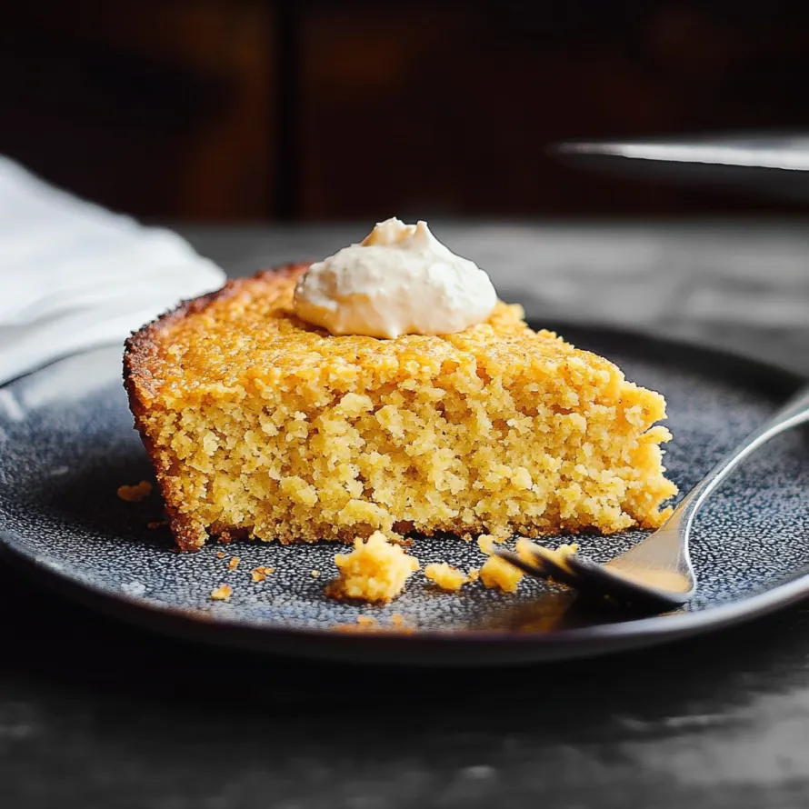 A slice of cornbread topped with cream.
