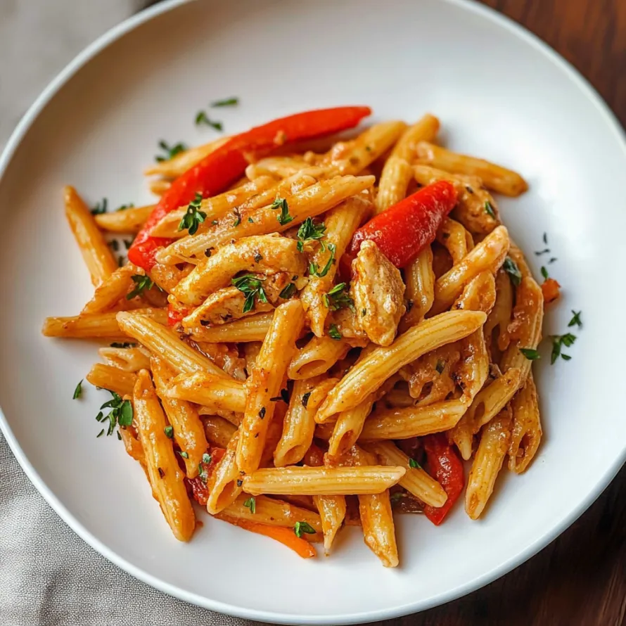 Pasta with colorful peppers and chicken pieces.