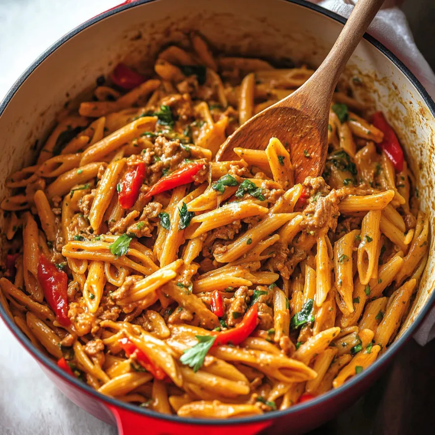 A bowl of pasta with meat and vegetables.