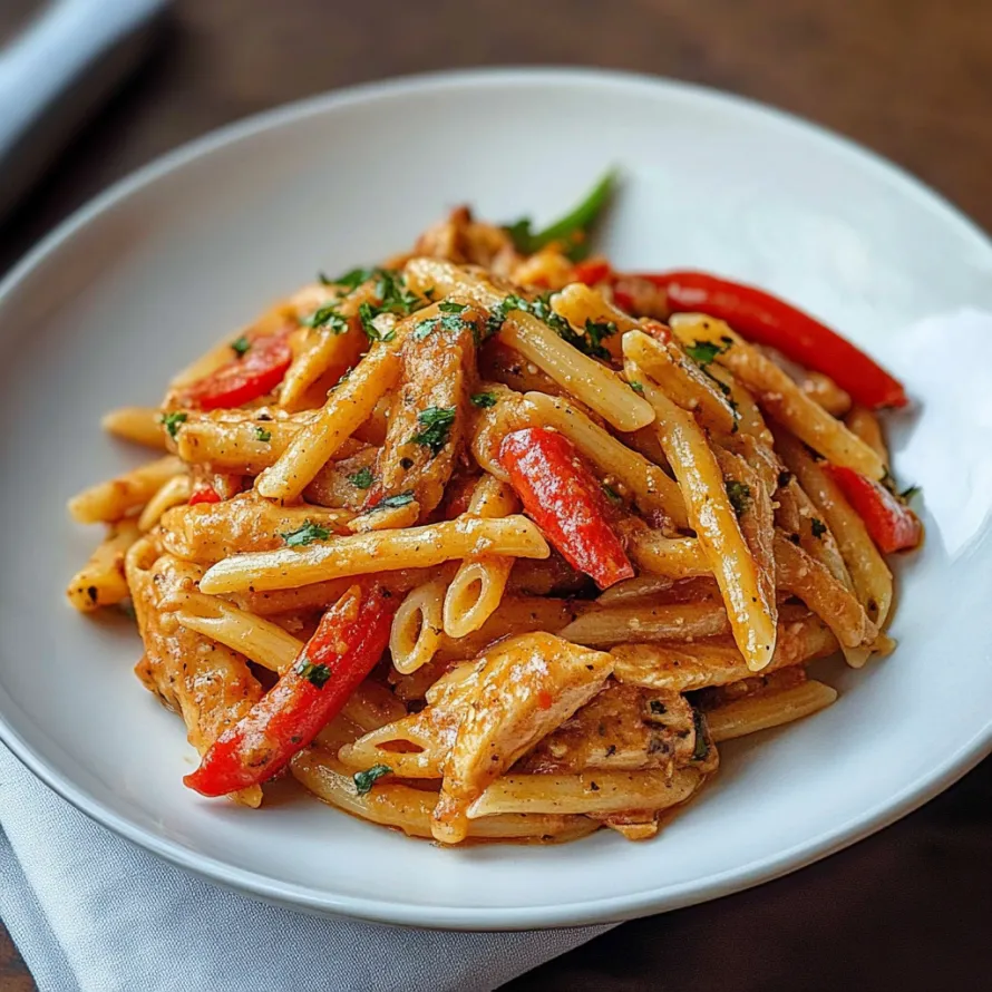 A plate of pasta with meat and peppers.