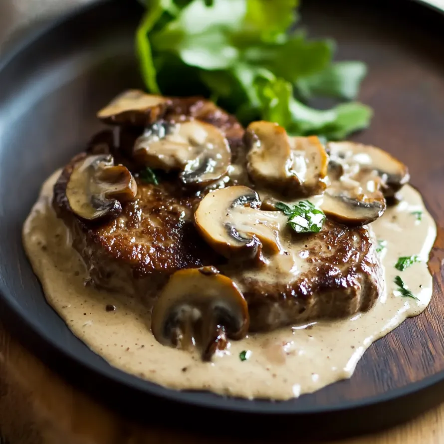 Plate of steak topped with mushrooms.