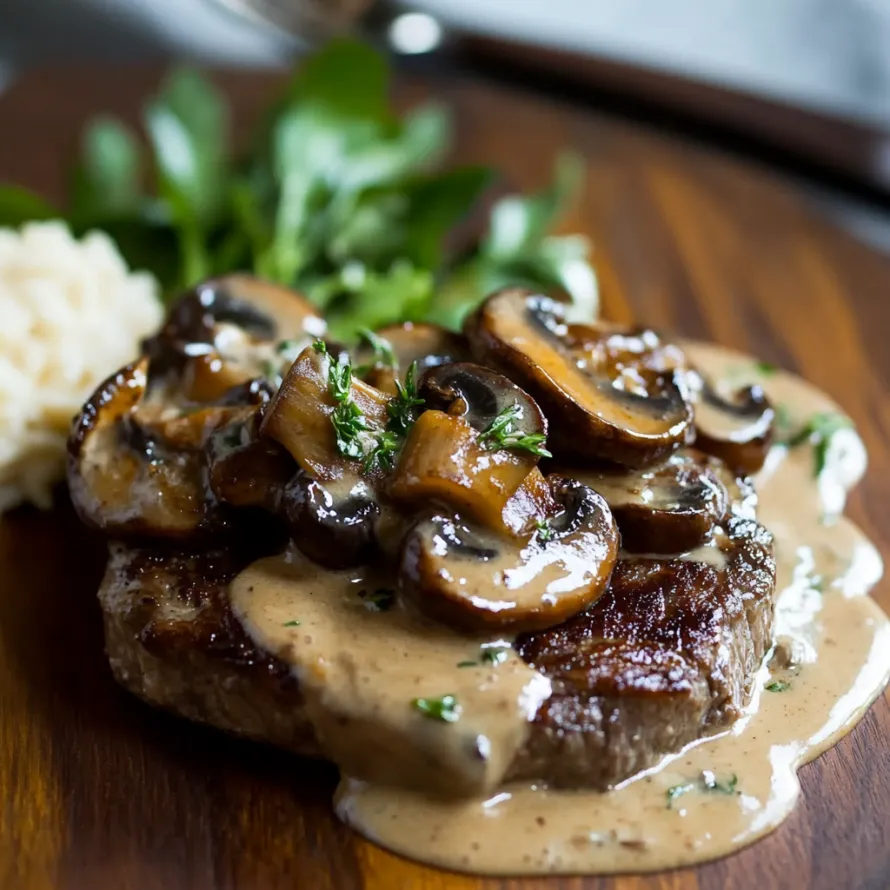A piece of meat with mushrooms on top.