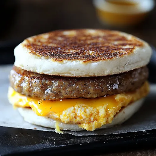 A breakfast sandwich with eggs and cheese.