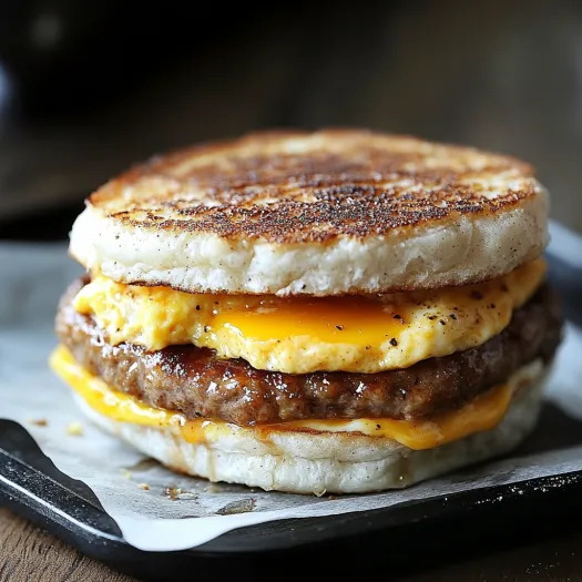 A breakfast sandwich with eggs, cheese and bacon.
