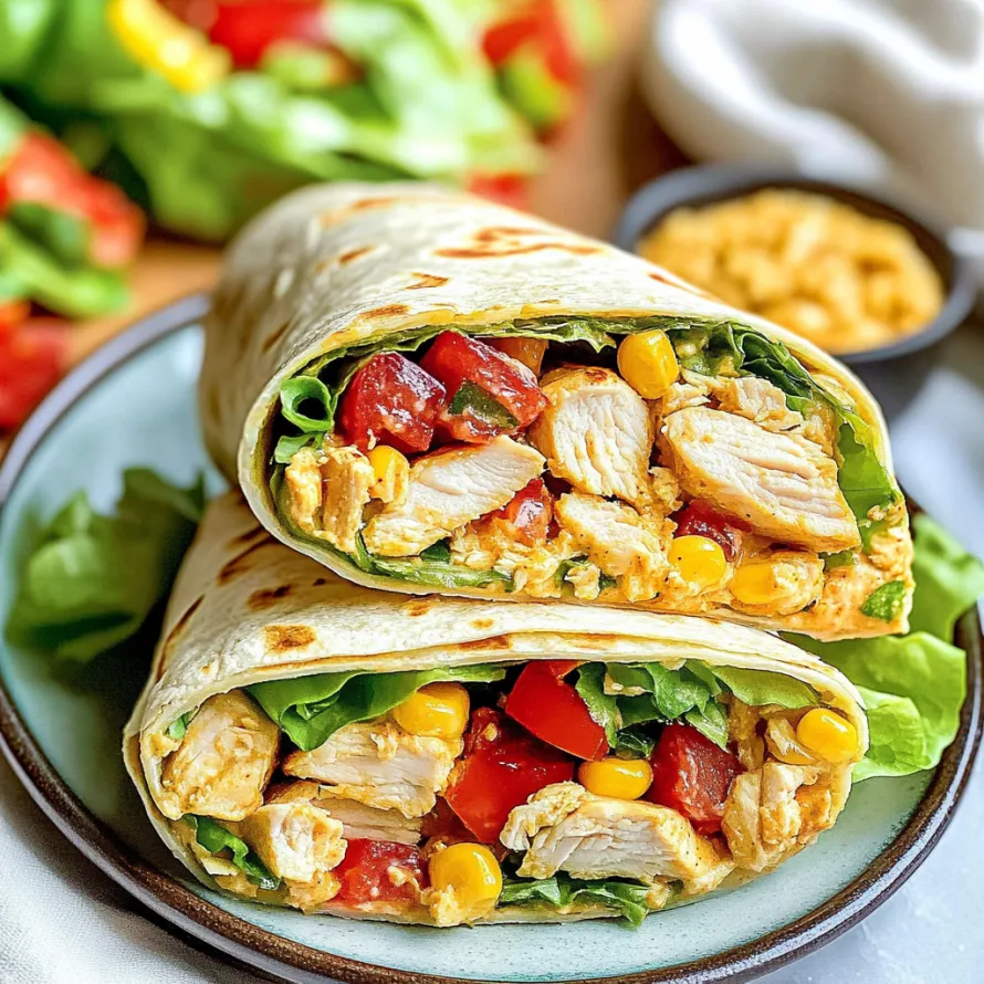 A chicken wrap with lettuce and tomatoes.
