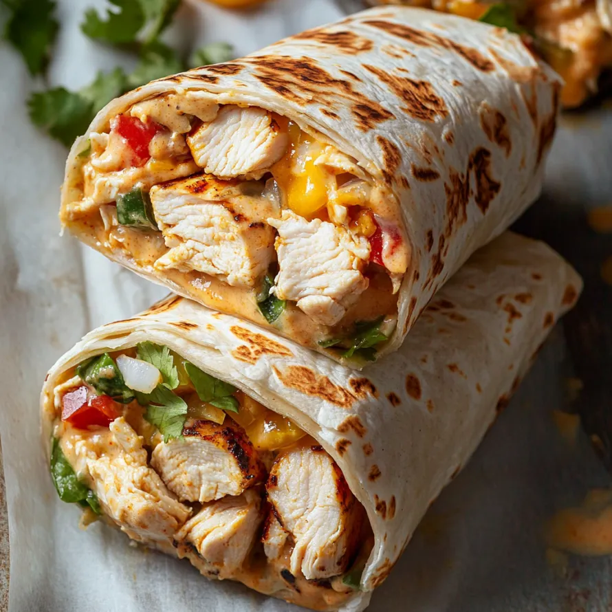 Grilled chicken burrito with fresh toppings.