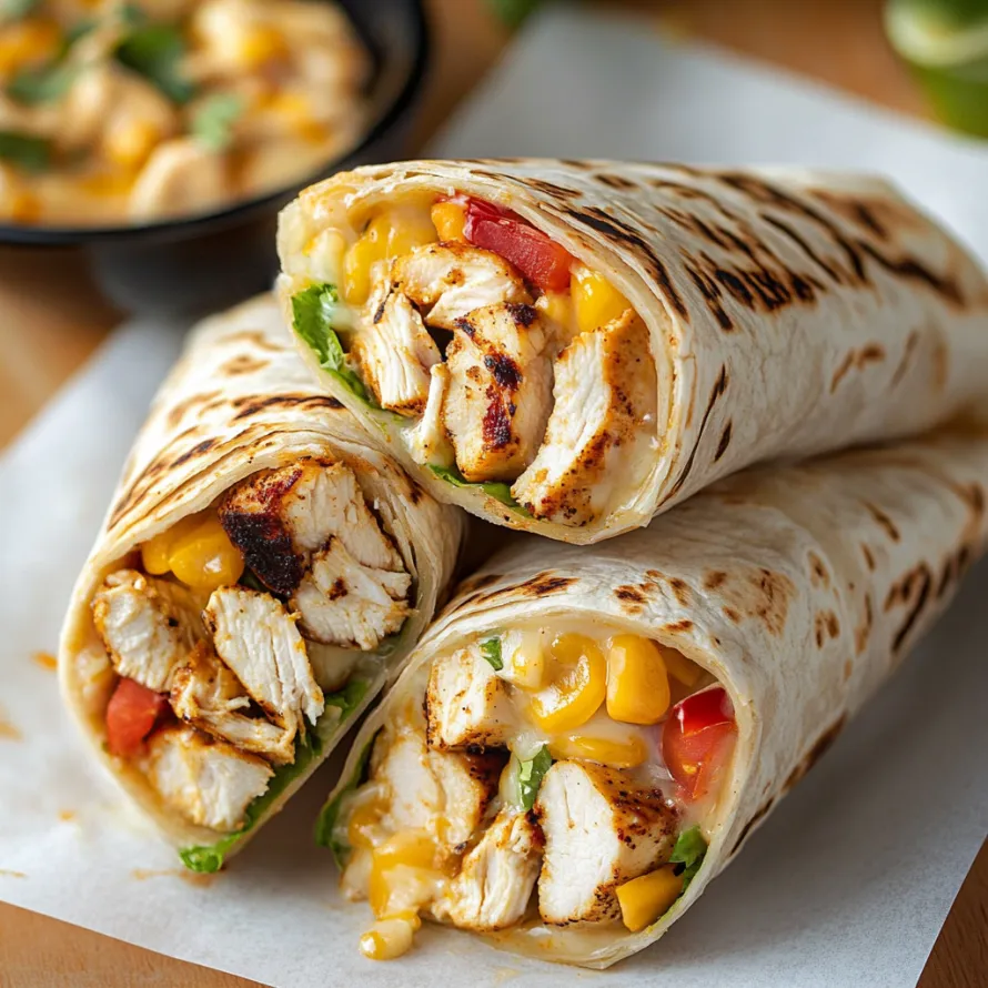 A chicken burrito with corn and tomatoes.