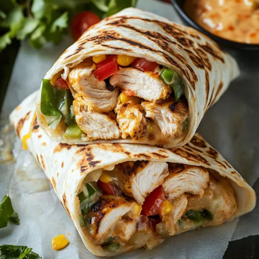 A chicken wrap with tomatoes and corn.