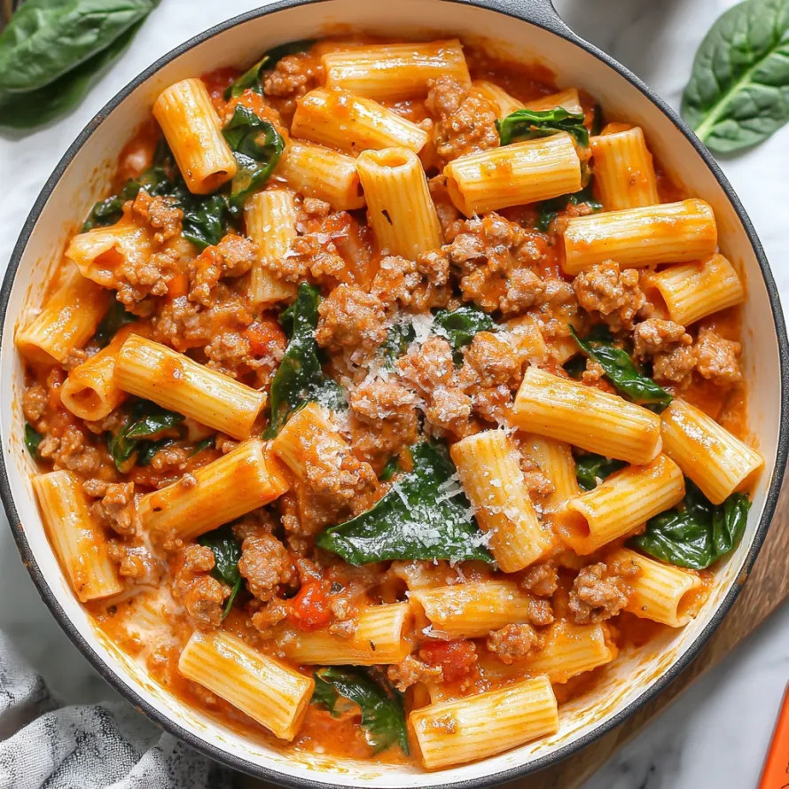 A bowl of pasta with meat and spinach.