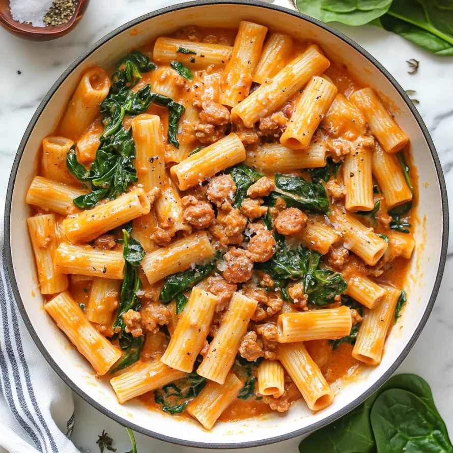 A bowl of pasta with meat and greens.