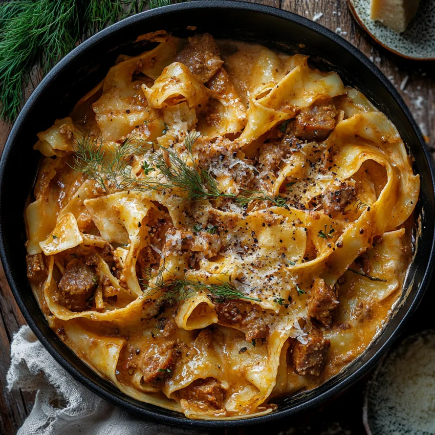 A pasta bowl topped with meat and cheese.