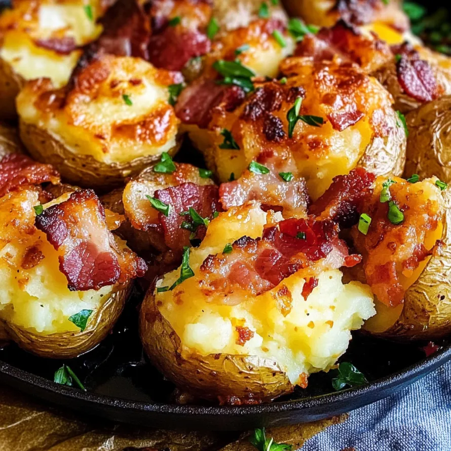 Crunchy potatoes with melted cheese and bacon pieces in a pan.