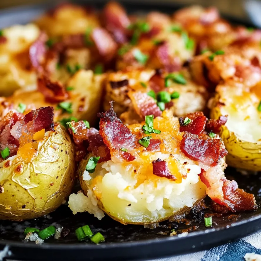 Bacon and potatoes on a plate.