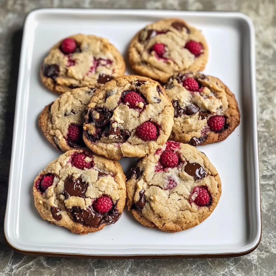 Cookies served with fresh raspberries on a plate.