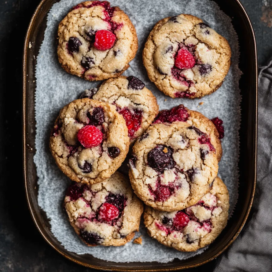 A pan of cookies with berries on top.