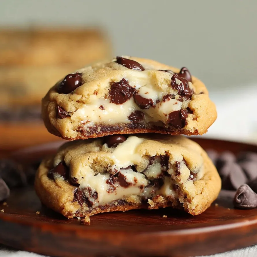 Two chocolate chip cookies stacked on a plate.