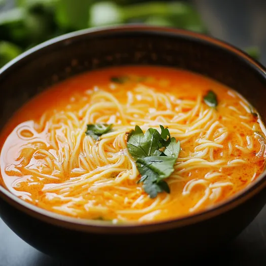 A bowl of soup with noodles and green herbs.