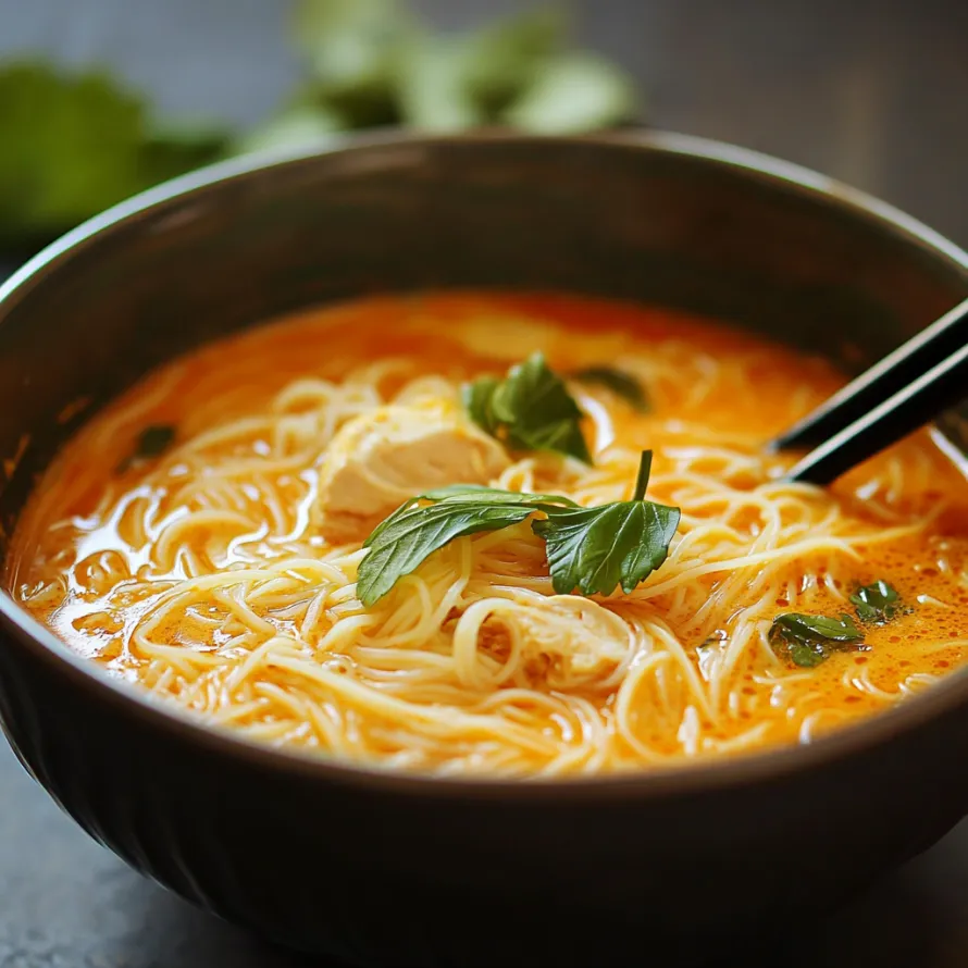 A bowl of soup with noodles and green vegetables.