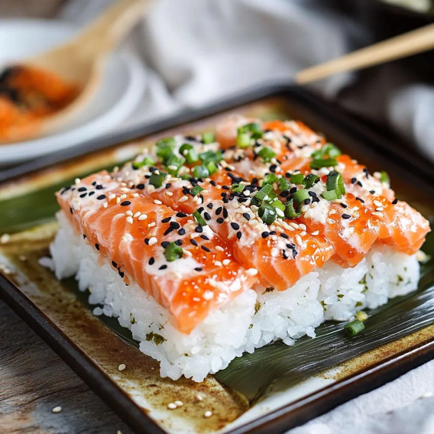 A plate of sushi topped with black seaweed.