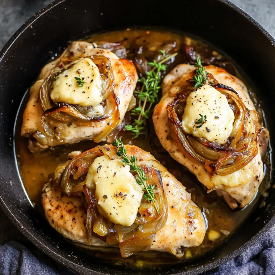 Chicken filled with cheese and onions in a skillet.