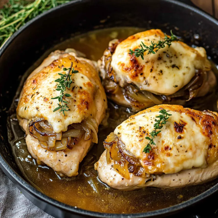Chicken with onions and herbs in a pan.