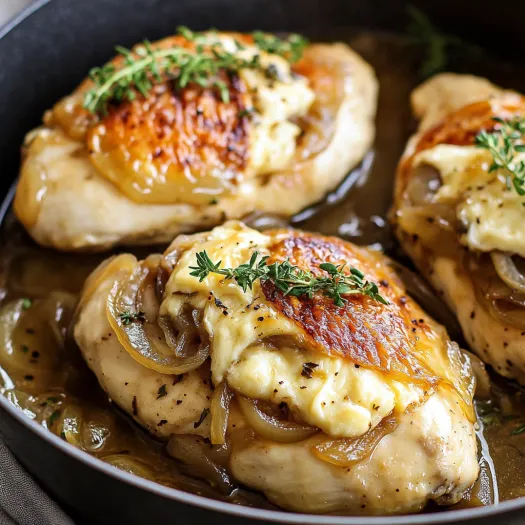 Chicken with onions and cheese.