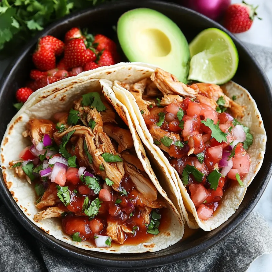 Tacos filled with chicken and strawberry salsa in a bowl.