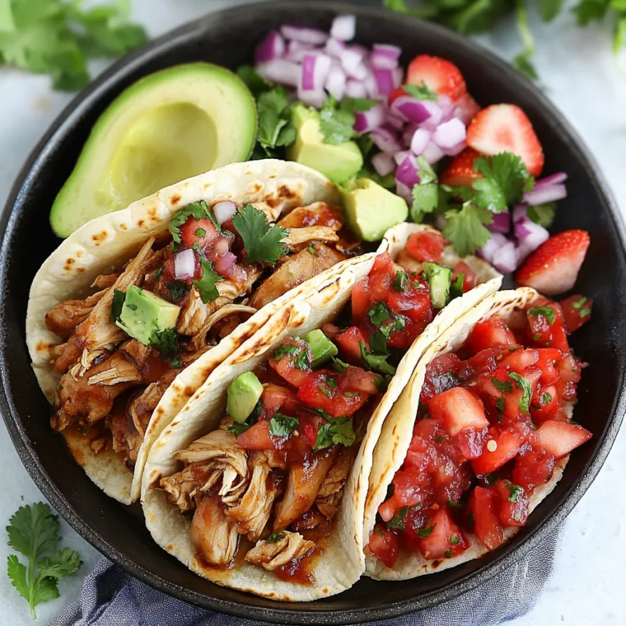 A bowl of food with chicken, avocado, tomatoes, onions, and strawberries.