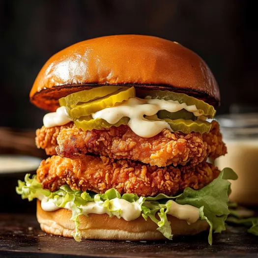A burger loaded with pickles, lettuce, and garlic mayo.