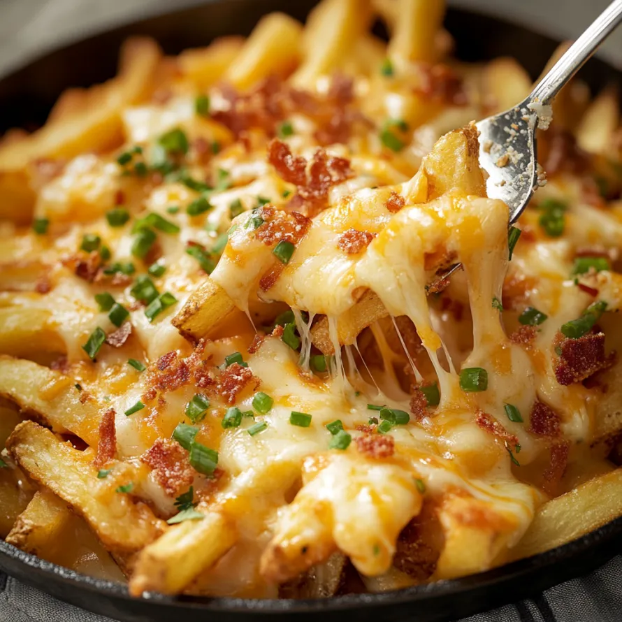 Close-up of golden fries loaded with cheese and toppings.