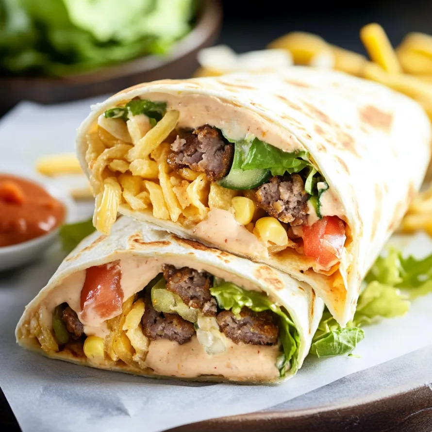 A tortilla wrap filled with beef and fresh veggies.