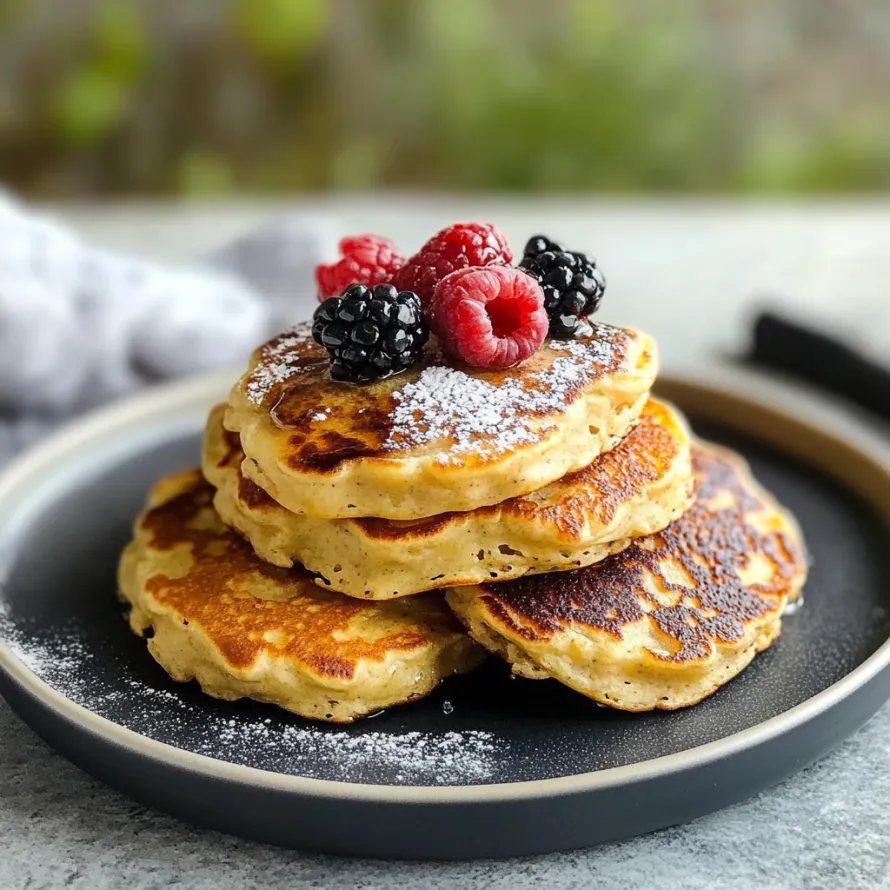Stacks of pancakes covered in berries and syrup.