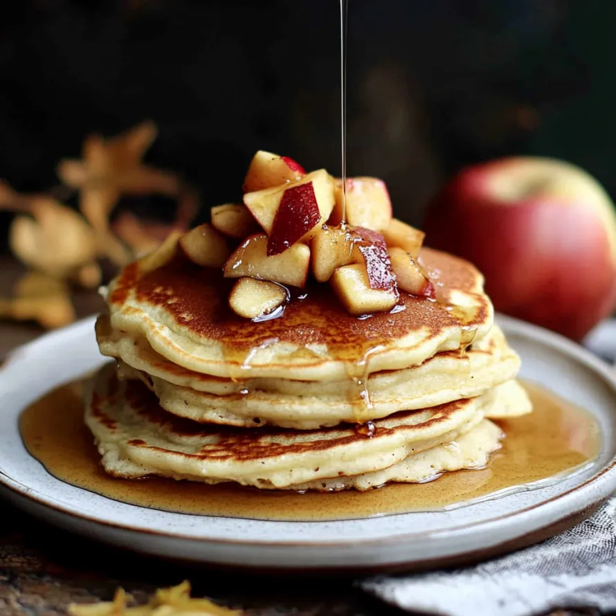 A tall pancake stack with syrup drizzled on top.