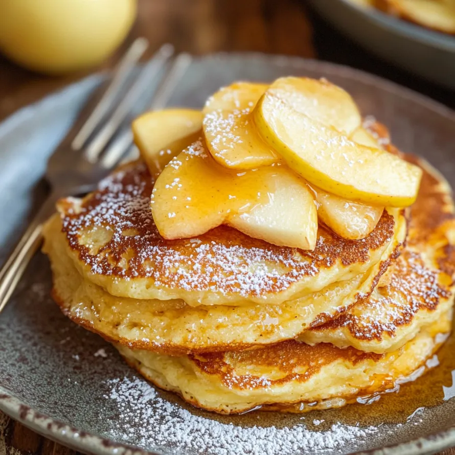 A tall stack of fluffy pancakes topped with apple slices.