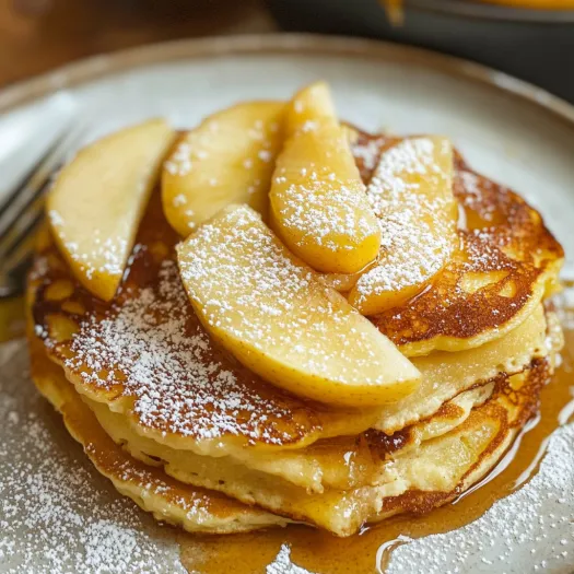 A stack of pancakes with apple slices on top.