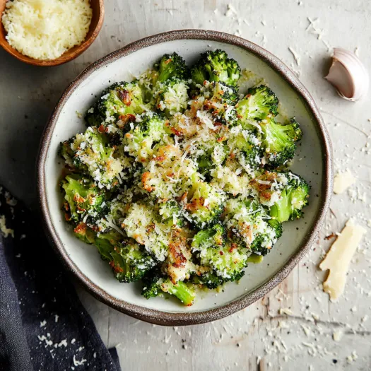 Cheesy roasted broccoli with spices in a bowl.