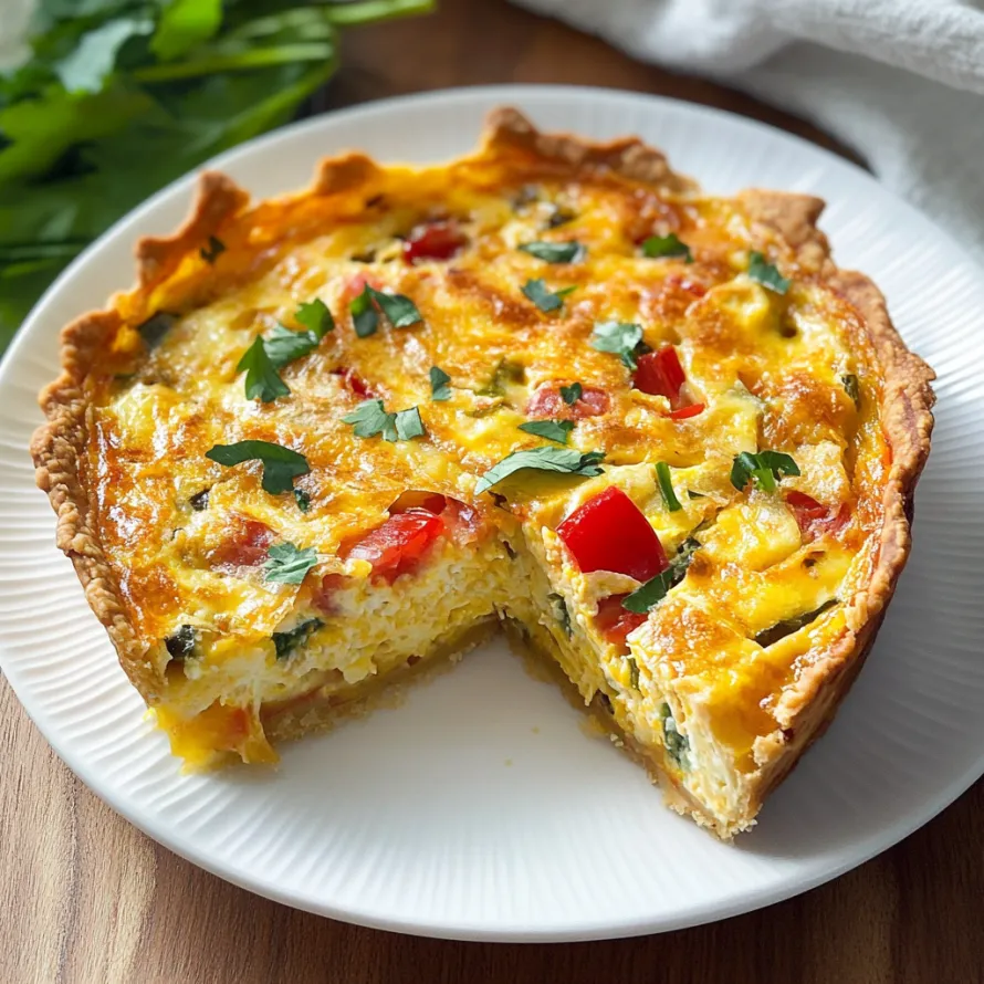 A slice of quiche on a white plate.