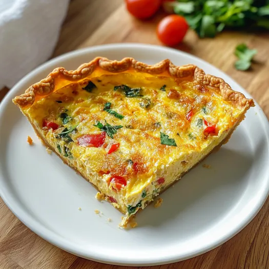 A slice of quiche on a white plate.
