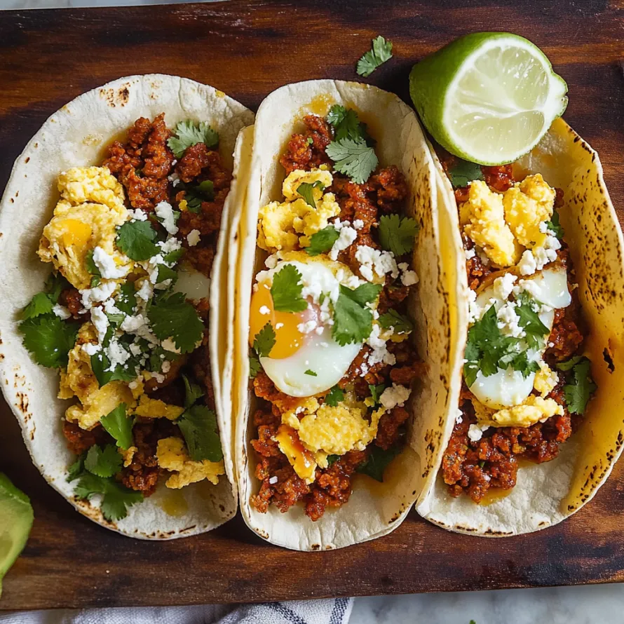 Three tacos stuffed with egg and melty cheese.