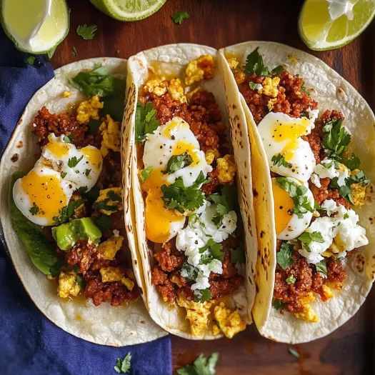 Two tacos with eggs and meat.