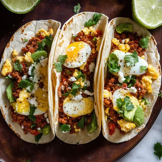 Three tacos with eggs and avocado.