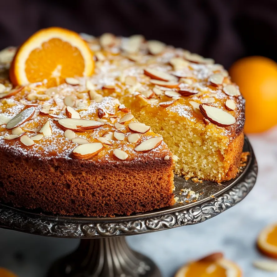 A slice of orange cake with almonds on a plate.