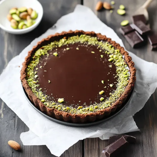 Chocolate tart topped with almonds on a plate.