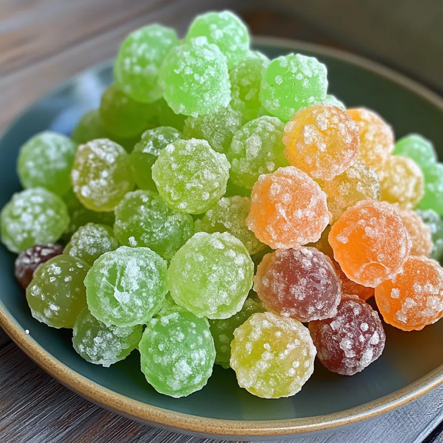 Plate full of homemade Sour Patch-style frozen grapes.