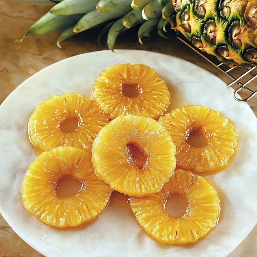 A plate of pineapple slices with a drizzle of honey.